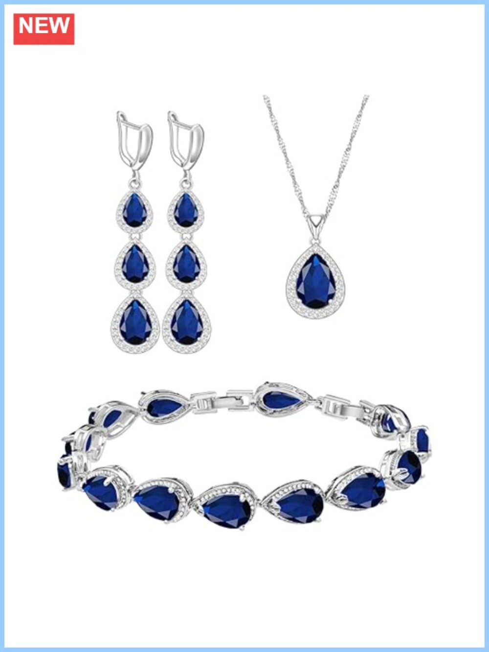 White Gold Plated Created Blue Sapphire Jewelry Set Necklace Earrings Bracelet